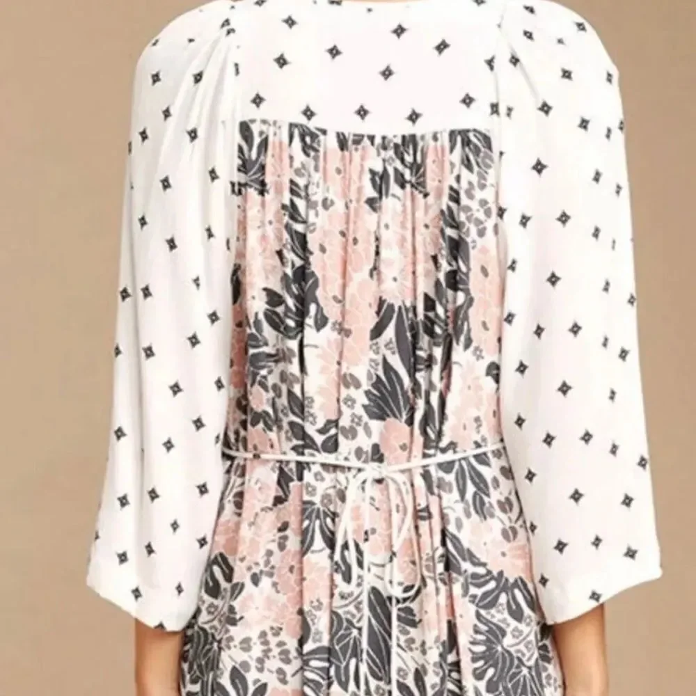 FREE PEOPLE Tallula White Print Kimono Sleeve Mini Dress Medium Neutral